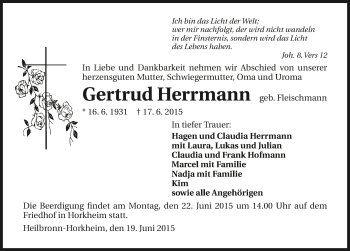 Traueranzeige von Gertrud Herrmann 