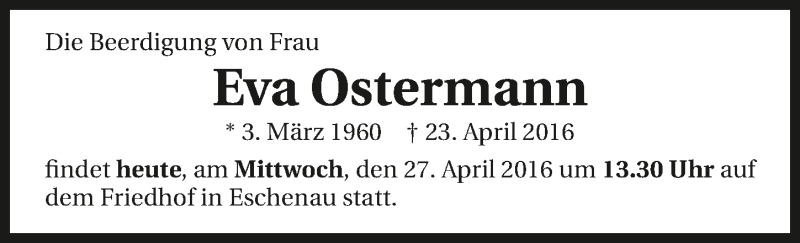  Traueranzeige für Eva Ostermann vom 27.04.2016 aus 