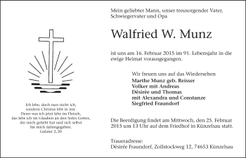 Traueranzeige von Walfried W. Munz 