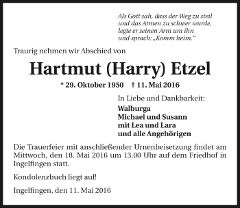 Traueranzeige von Hartmut Etzel 