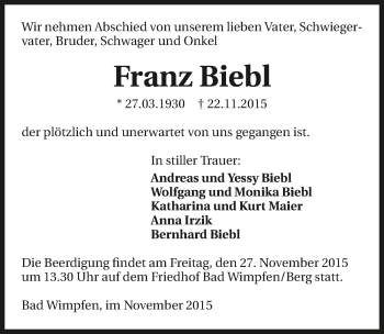 Traueranzeige von Franz Biebl 