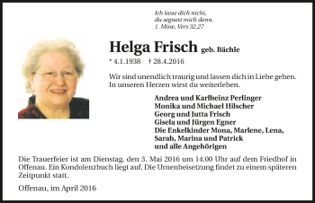 Traueranzeige von Helga Frisch 