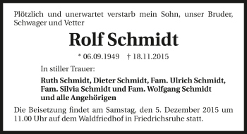 Traueranzeige von Rolg Schmidt 