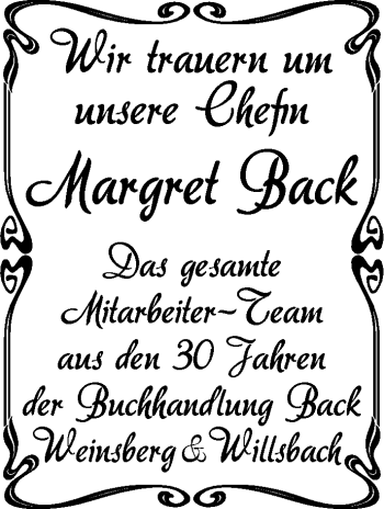 Traueranzeige von Margret Back 