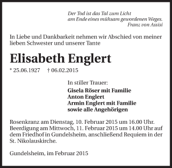 Traueranzeige von Elisabeth Englert 