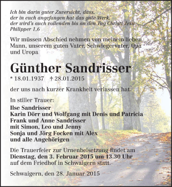 Traueranzeige von Günther Sandrisser 