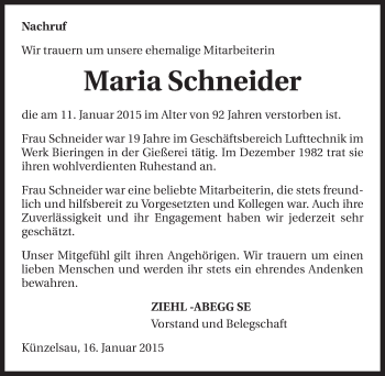 Traueranzeige von Maria Schneider 