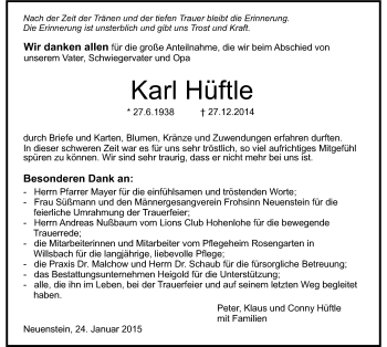 Traueranzeige von Karl Hüftle 