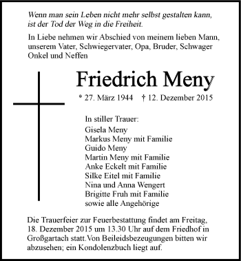 Traueranzeige von Friedrich Meny 