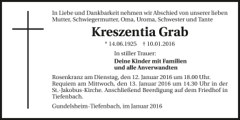 Traueranzeige von Kreszentia Grab 