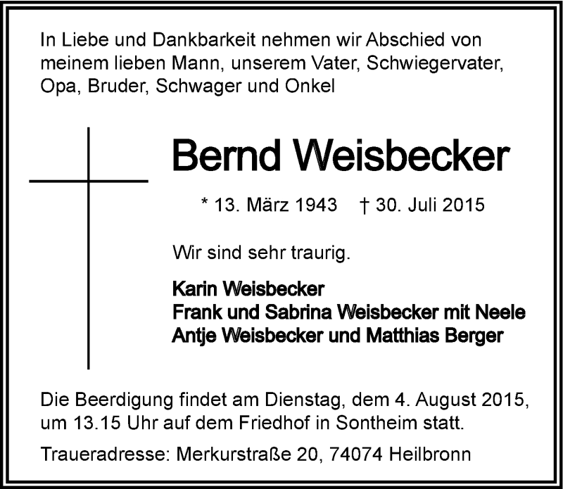  Traueranzeige für Bernd Weisbecker vom 31.07.2015 aus 