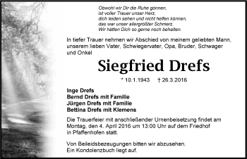 Traueranzeige von Siegfried Drefs 