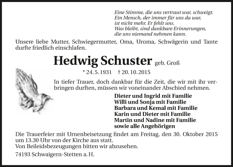  Traueranzeige für Hedwig Schuster vom 28.10.2015 aus 