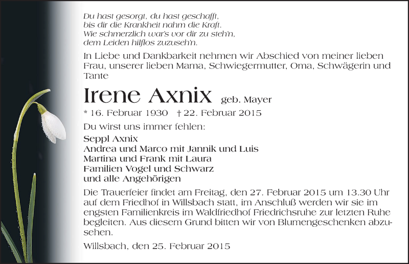  Traueranzeige für Irene Axnix vom 25.02.2015 aus 
