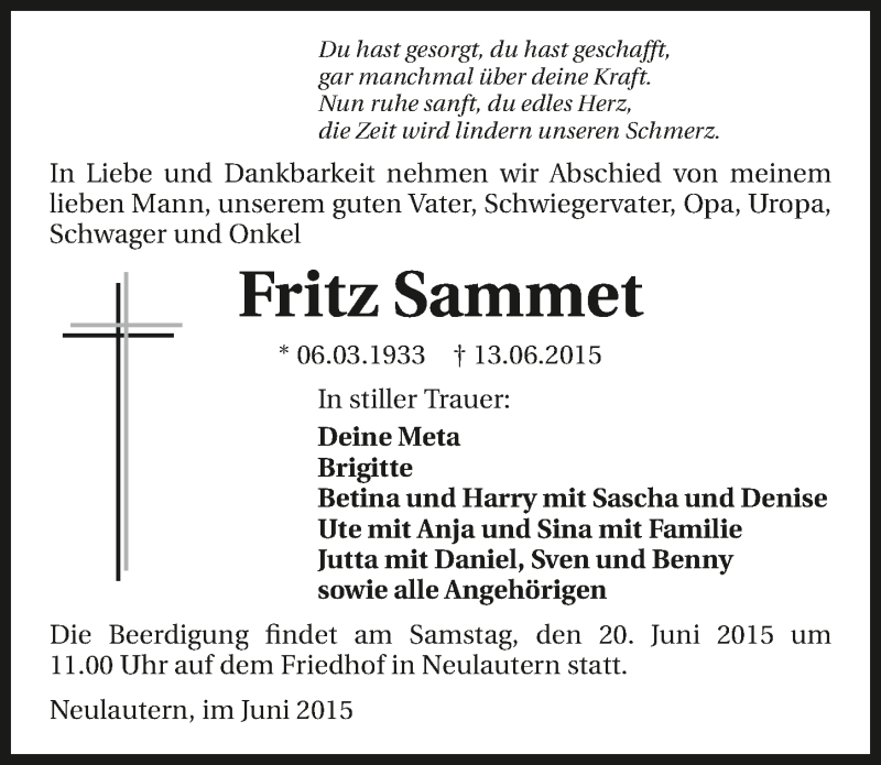  Traueranzeige für Fritz Sammet vom 18.06.2015 aus 