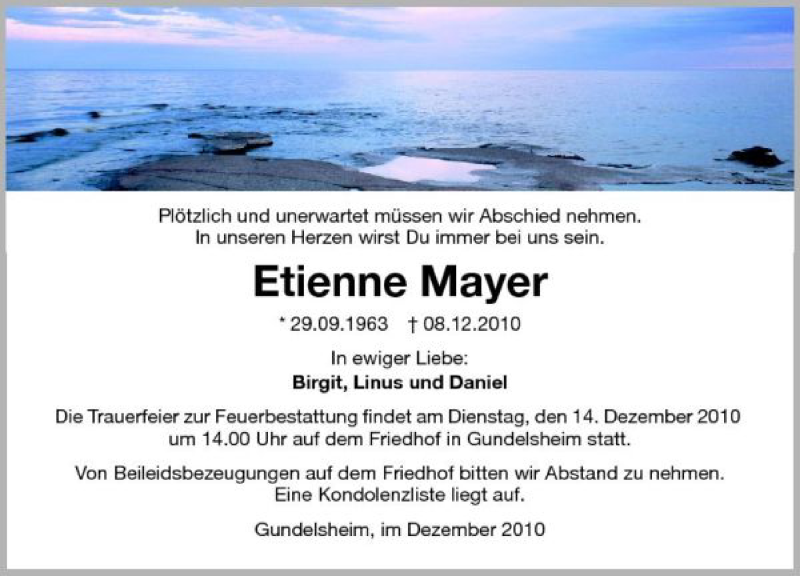  Traueranzeige für Etienne Mayer vom 11.12.2010 aus 