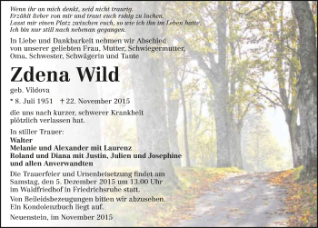 Traueranzeige von Zdena Wild 