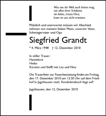 Traueranzeige von Siegfried Grandt 