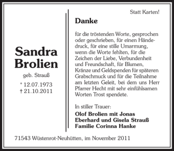 Traueranzeige von Sandra Brolien 