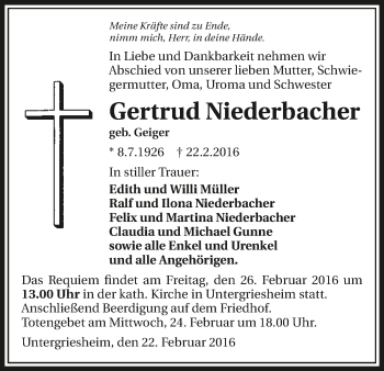 Traueranzeige von Gertrud Niederbacher 