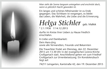 Traueranzeige von Helga Stichler 