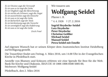 Traueranzeige von Wolfgang Seidel 