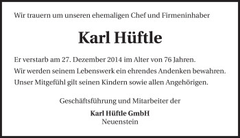 Traueranzeige von Karl Hüftle 