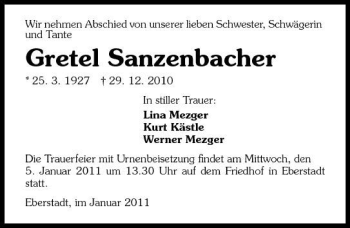 Traueranzeige von Gretel Sanzenbacher 