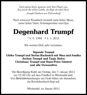 Traueranzeige von Degenhard Trumpf 