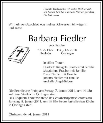 Traueranzeige von Barbara geb. Pracher Fiedler 