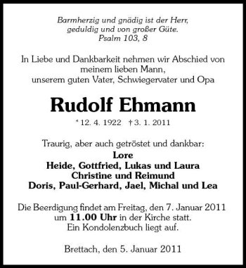 Traueranzeige von Rudolf Ehmann 