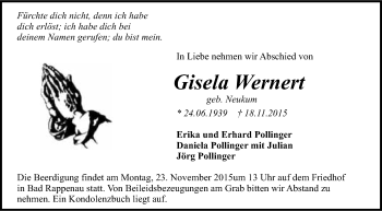 Traueranzeige von Gisela Wernert 