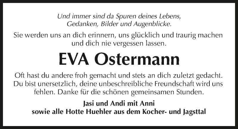 Traueranzeige für Eva Ostermann vom 27.04.2016 aus 