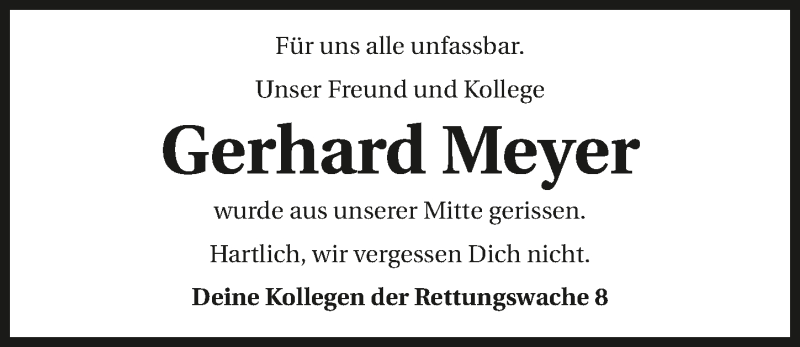  Traueranzeige für Gerhard Meyer vom 17.08.2015 aus 