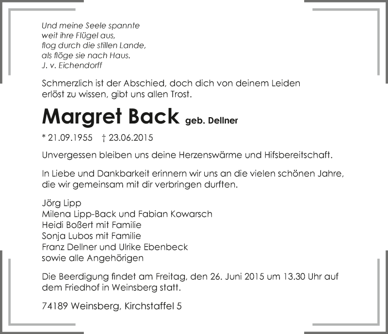  Traueranzeige für Margret Back vom 25.06.2015 aus 