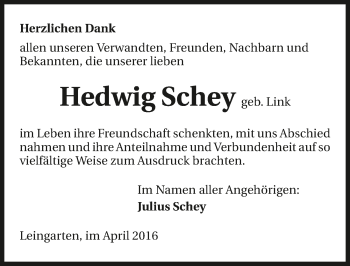 Traueranzeige von Hedwig Schey 