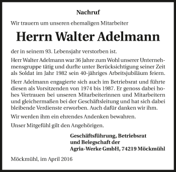 Traueranzeige von Walter Adelmann 