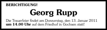 Traueranzeige von d BERICHTIGUNG Georg Rupp Die Trauerfeier findet am Donnerstag 