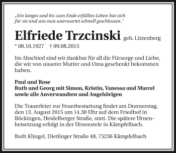 Traueranzeige von Elfriede Trzcinski 