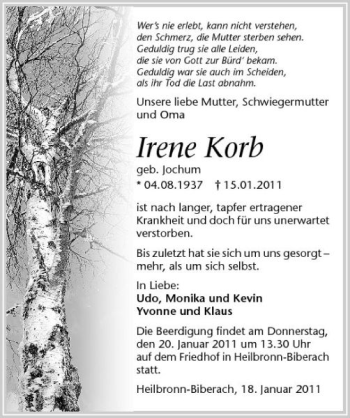 Traueranzeige von Irene Korb 