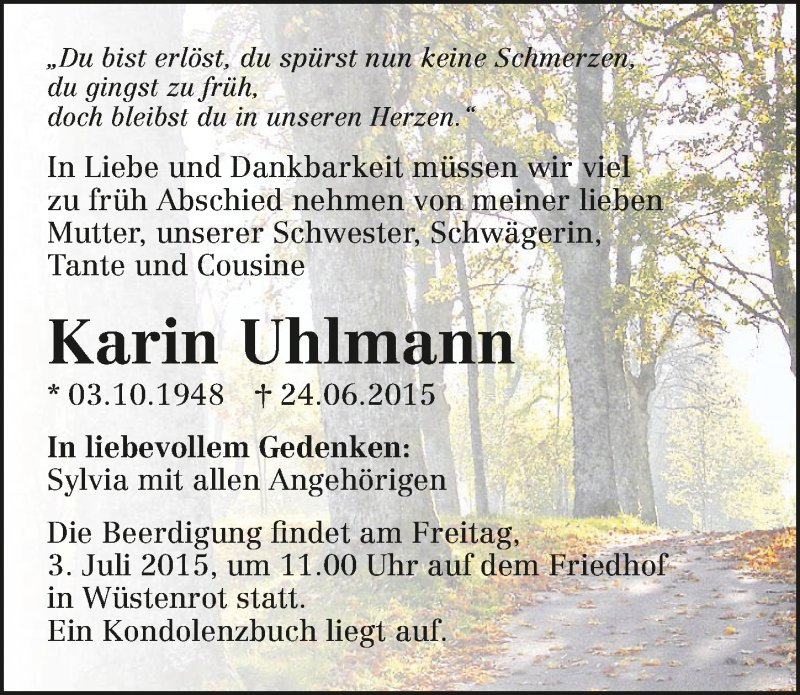  Traueranzeige für Karin Uhlmann vom 01.07.2015 aus 