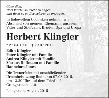 Traueranzeige von Herbert Klingler 