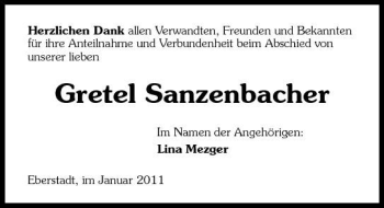 Traueranzeige von Gretel Sanzenbacher 