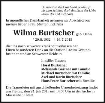 Traueranzeige von Wilma Burtscher 