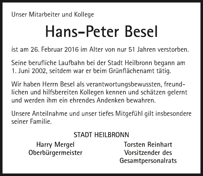  Traueranzeige für Hans-Peter Besel vom 05.03.2016 aus 