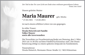 Traueranzeige von Maria Maurer 