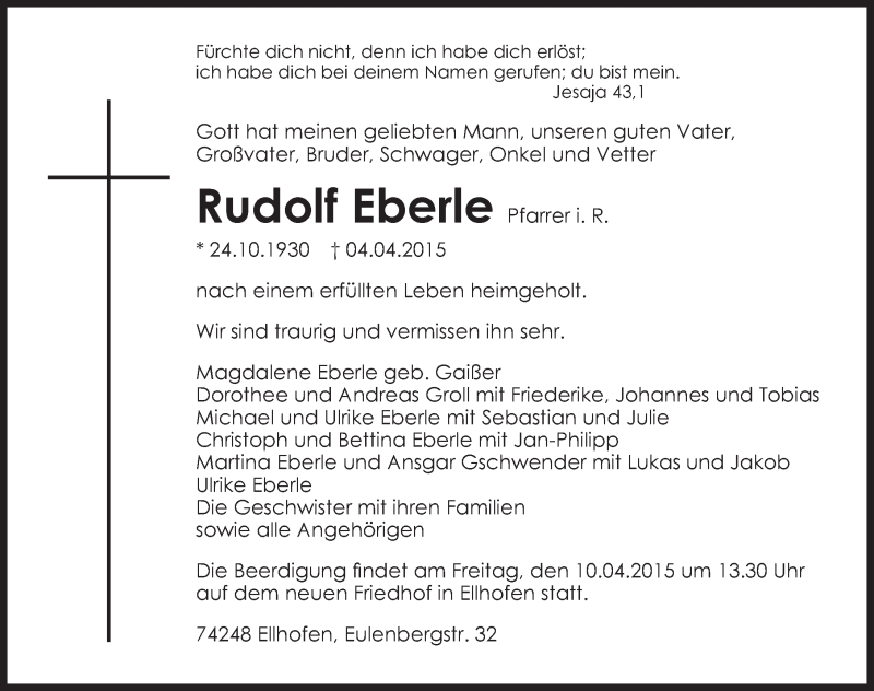  Traueranzeige für Rudolf Eberle vom 07.04.2015 aus 