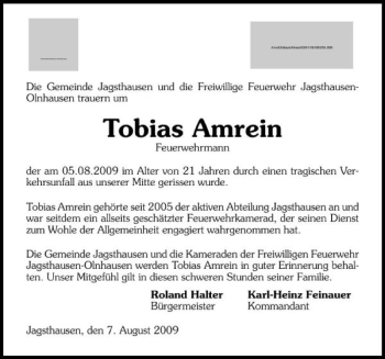 Traueranzeige von Tobias Amrein 