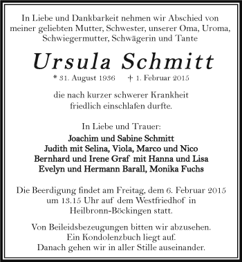 Traueranzeige von Ursula Schmitt 