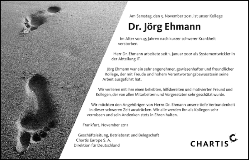  Traueranzeige für Dr. Jörg Ehmann vom 09.11.2011 aus 